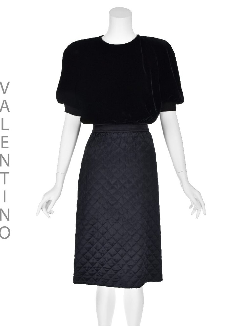 VALENTINO Vintage Black Silk Midi Dress w/Velvet Top and Quilted Skirt SZ10